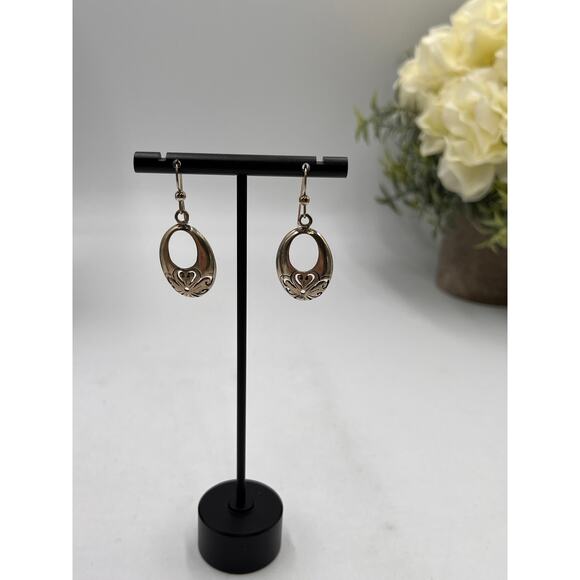 STERLING Vintage Sterling Oval Shape Cut Out Floral Work Dangle Earrings - Picture 2 of 8